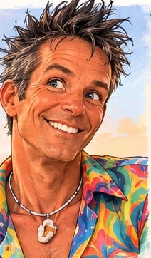 Portrait of Brownie, grinning, with spiky salt-and-pepper hair and a bright patterned shirt.