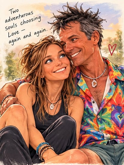 Luv Luv and Brownie sit close together outdoors, smiling, his arm around her.